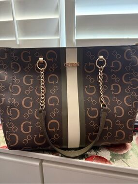 GUESS Brown Logo Tote with Cream & Olive Center Stripe